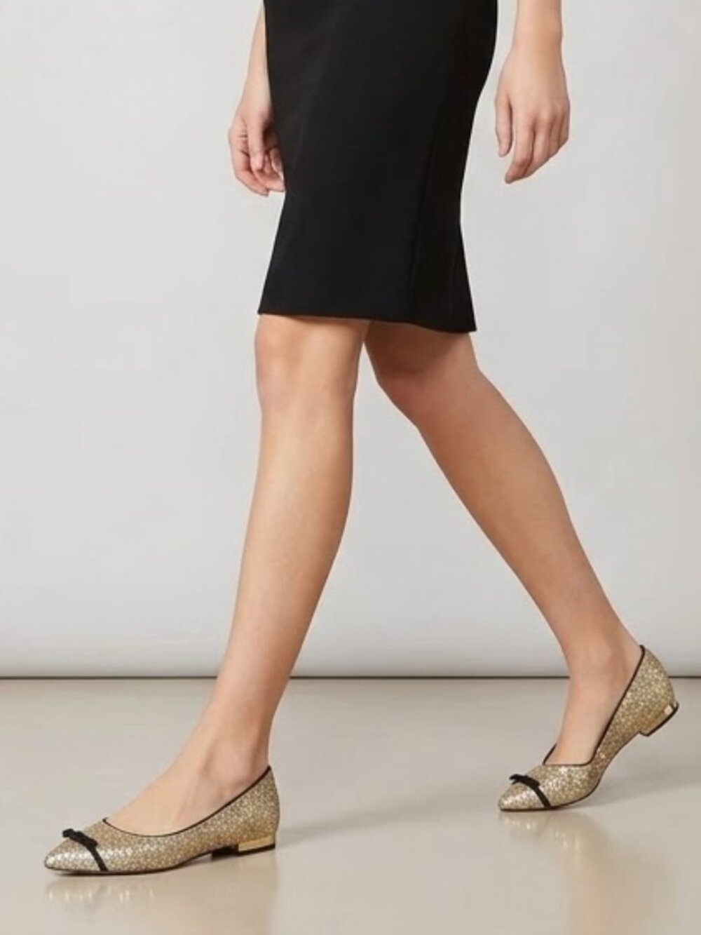 Nanette Lepore Dina Gold Glitter Bow tie Pointed Toe ballet flats, sz 8M